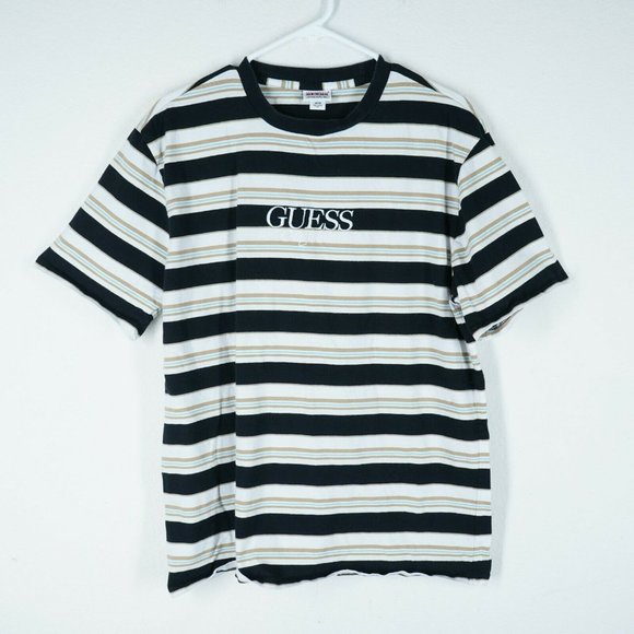 GUESS ORIGINALS Mens Size M Striped Tee Short Sleeve White Navy Retro Crewneck